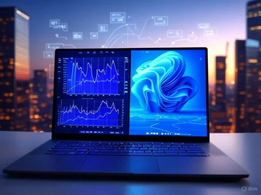 A dual-screen laptop displays data graphs and an abstract digital design with a city skyline in the background.