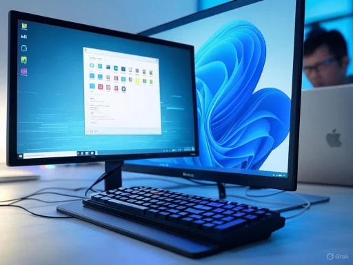 Dual monitors on a desk with a person working on a laptop in the background.
