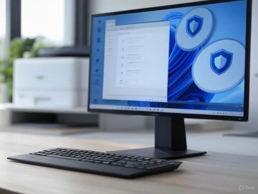 A computer monitor displaying security or antivirus software on a clean office desk.