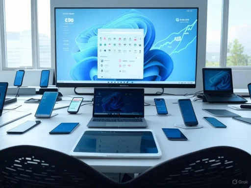 Multiple electronic devices, including laptops and smartphones, are arranged on a desk in front of a large computer monitor in a modern workspace.