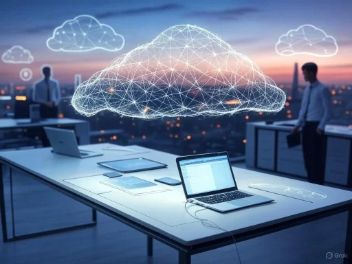 A digital cloud network concept over a modern office workspace at sunset, with two professionals present.