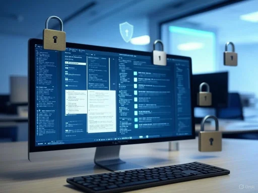 Computer screen with encrypted data, secured by multiple padlocks and a shield icon, symbolizing cybersecurity.