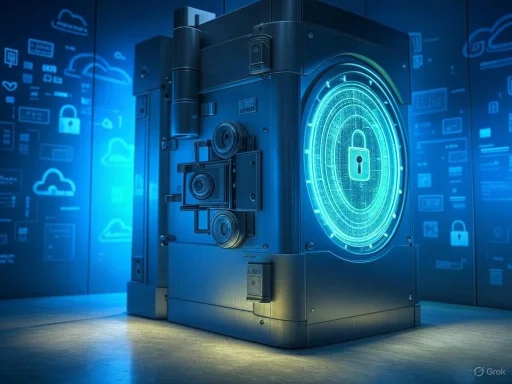 A high-tech safe with a digital lock, surrounded by glowing security icons and cloud symbols in a futuristic setting. A high-tech safe with a digital lock, surrounded by glowing security icons and cloud symbols in a futuristic setting.