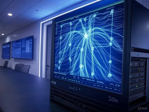 A computer server displaying a complex neural network or data visualization with interconnected nodes in a modern control room.
