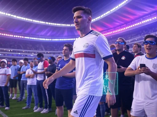 A man in a white sports jersey walks on a soccer field surrounded by a crowd, with stadium lights illuminating the scene.