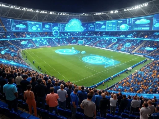 A stadium filled with people watching a soccer match, with digital clouds and data graphics displayed overhead. A stadium filled with people watching a soccer match, with digital clouds and data graphics displayed overhead.