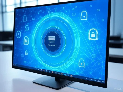 A computer monitor displays a digital security interface with padlock icons and encrypted data graphics.