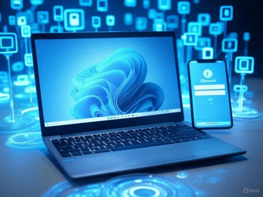 A laptop and smartphone glowing with digital security icons, representing cybersecurity in technology.