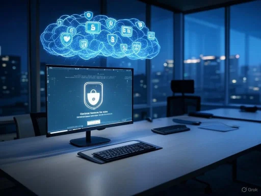 A modern office with a computer displaying a padlock icon and a digital cloud of security symbols, suggesting cybersecurity.