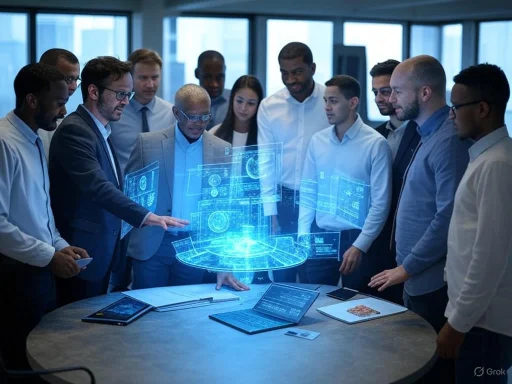 A diverse group of professionals gathers around a table, engaged with a holographic digital interface in a modern office.