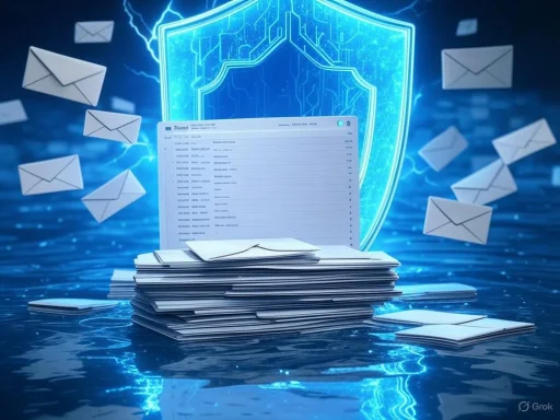 Digital security concept with a shield, emails, and stacks of documents glowing blue. Digital security concept with a shield, emails, and stacks of documents glowing blue.