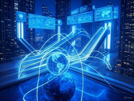 Futuristic digital hub with global data connections and holographic information displays over city skyscrapers. Futuristic digital hub with global data connections and holographic information displays over city skyscrapers.