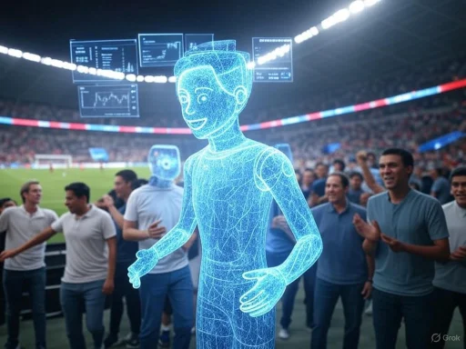 A holographic digital figure stands amidst a cheering crowd in a stadium, with data screens floating above.