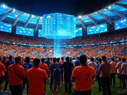Crowd gathers inside a stadium with a digital scoreboard, illuminated by blue lights, during a nighttime event.