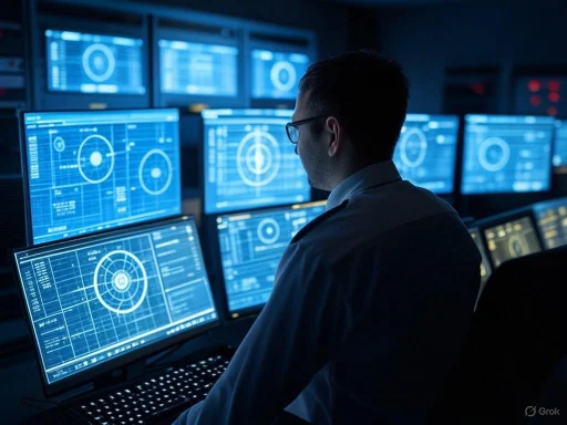 A person analyzes data on multiple computer screens in a dark room, likely working on cybersecurity or network monitoring.