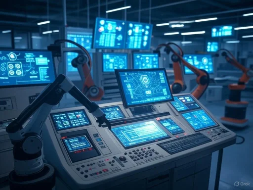A futuristic control room with robotic arms and multiple digital screens displaying data and holographic interfaces.