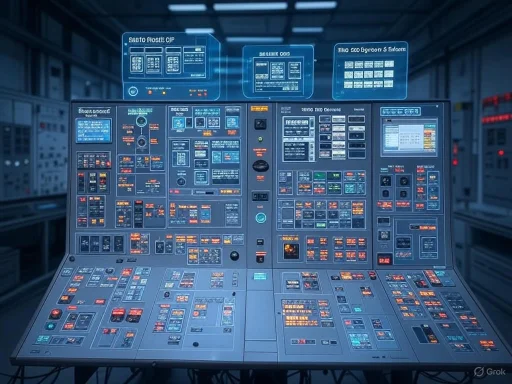 A complex control panel with numerous illuminated switches, buttons, and digital displays in a high-tech facility.
