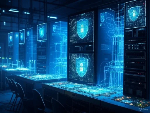 Digital security servers displaying holographic shield icons in a high-tech cybersecurity lab.