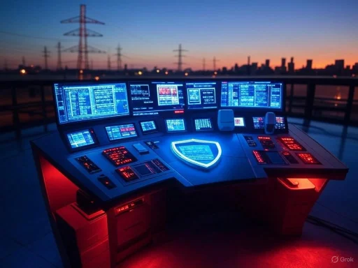 A futuristic command center with multiple illuminated screens and a shield-shaped light at sunset.