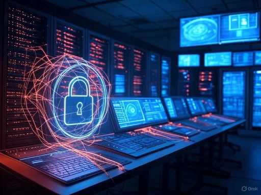 A cybersecurity control room with multiple monitors and servers, featuring a glowing lock icon symbolizing security.