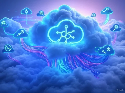 Cloud computing concept with neon cloud icons connected to a central neural network symbol.