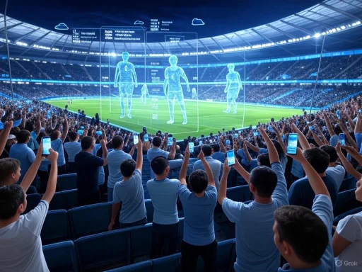 Crowd at stadium observing futuristic digital health monitoring display projected over athletes during match.