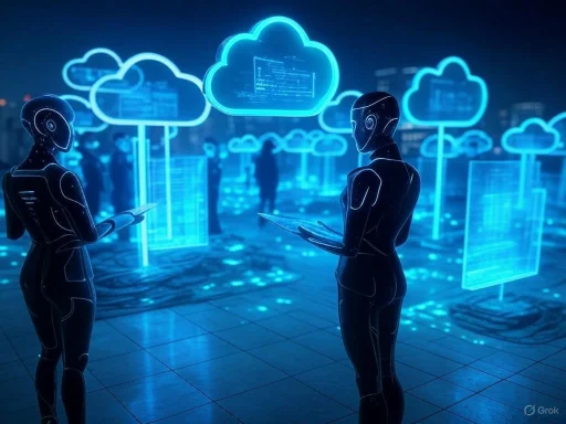 Two humanoid robots interact with digital cloud storage visuals in a high-tech, futuristic environment.