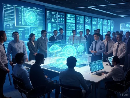 A team of professionals is engaged in a high-tech data analysis or presentation in a modern, futuristic control room.