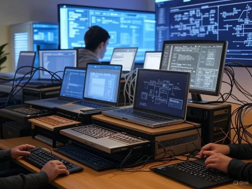 Multiple individuals work on computers with several screens displaying complex data and code in a high-tech environment.