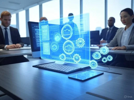 Business professionals in a meeting observe a digital hologram of cloud computing and automation icons on a laptop.