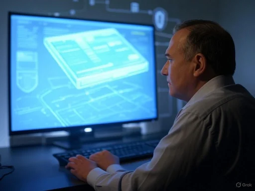 A man analyzes a digital blueprint on a computer screen in a high-tech control room.