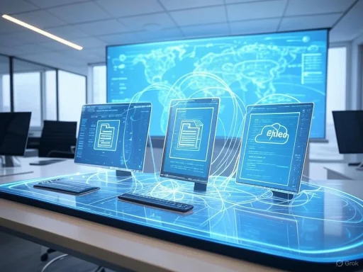 Futuristic digital conference room with holographic monitors displaying cloud and data icons over a world map.