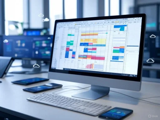 A modern office workspace featuring a desktop computer displaying a colorful project schedule or spreadsheet.