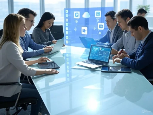 Team of six professionals in a modern conference room collaborating using laptops and digital displays.