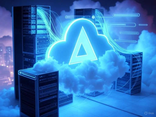 Futuristic cloud computing with servers and a glowing lambda symbol in a digital cityscape.