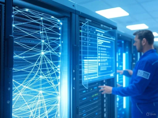 A technician manages data servers with interconnected digital network lines in a high-tech data center.