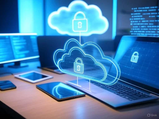 Digital cloud security icons projected over multiple devices on a workspace.