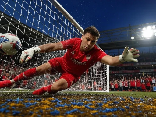 A soccer goalkeeper in red gear dives to save a ball near the goalpost during a match.