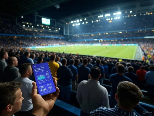 A person holding a smartphone with a betting slip while watching a soccer match in a stadium filled with spectators.