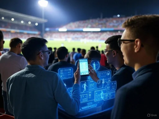 Group of young people using holographic technology to analyze sports data at a stadium during a game.