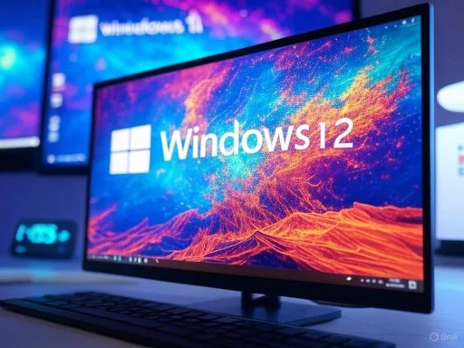 A computer monitor displays the Windows 12 logo against a vibrant, colorful digital background.