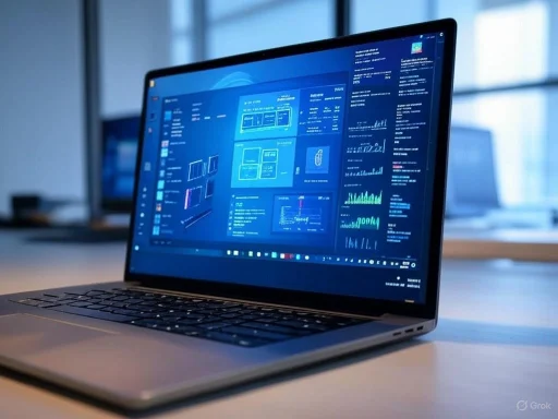 A laptop displaying data dashboards and graphs in an office setting.