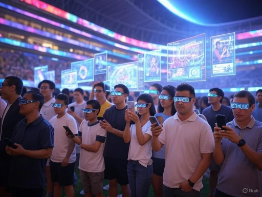 Crowd of people wearing augmented reality glasses at a high-tech event or showcase in a stadium.