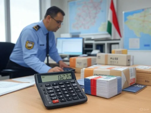A uniformed officer working at a desk with stacks of documents, a calculator, and a blurred background of monitors and maps.