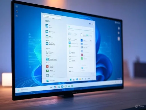 A computer monitor displays a desktop with an open application in a modern, softly lit workspace.