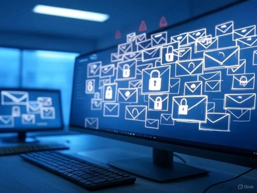 Digital email security icons with locks and envelopes on computer screens, symbolizing cybersecurity and privacy.