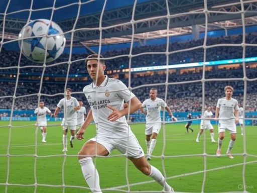 A soccer player scores a goal, with teammates celebrating in the background, in a packed stadium.
