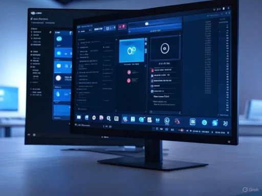 A computer monitor displays a dark-themed user interface with multiple windows and icons, likely related to cybersecurity.