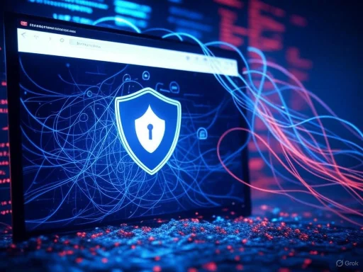 A computer screen displays a security shield icon with a keyhole, surrounded by digital lines, symbols, and streams of light representing cybersecurity.