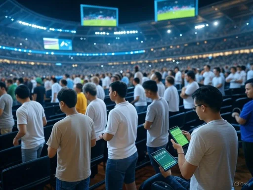 Crowd of people standing in a stadium, watching a sports event on large screens. Crowd of people standing in a stadium, watching a sports event on large screens.